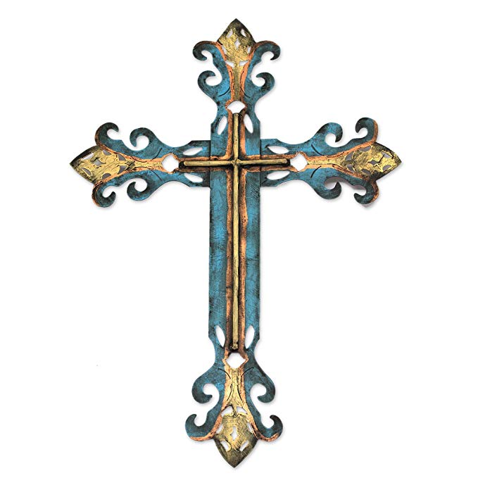 NOVICA Hand Painted Blue and Gold Wall Mounted Steel Cross, 23.5