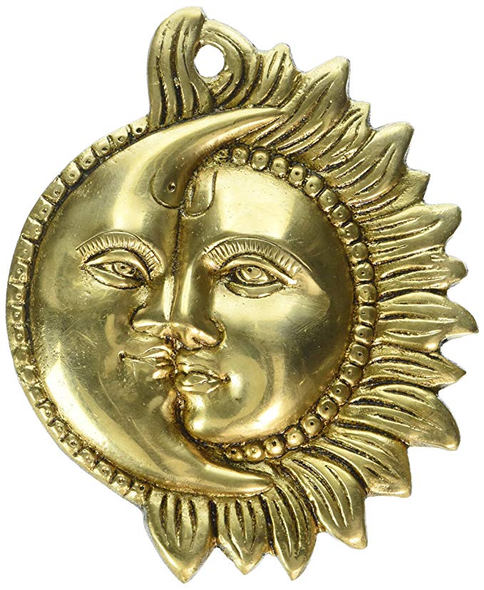 Wall Hanging Brass Figurine Sun and Moon Sculpture for Home Décor Indian 6.5 Inch