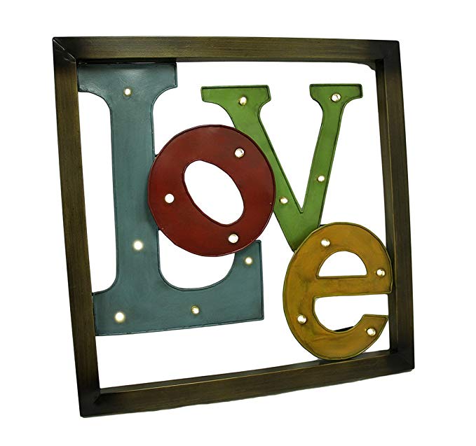 Zeckos Metal Wall Sculptures Colorful Led Lighted Metal Framed Love Wall Sculpture 25 X 25 X 2 Inches Multicolored