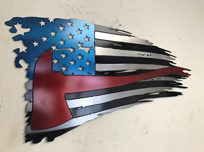 Metal Art of Wisconsin Firefighters Hatchet Weathered Old Glory Painted American Flag Metal Art 2-Foot