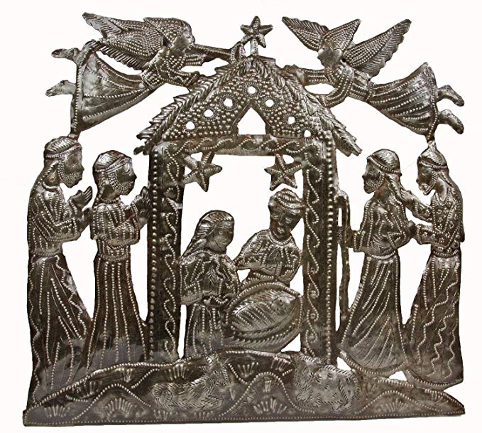 Angels Above Nativity - Metal Wall Art Nativity - Fair Trade Hand Made In Haiti Featuring the Holy Family